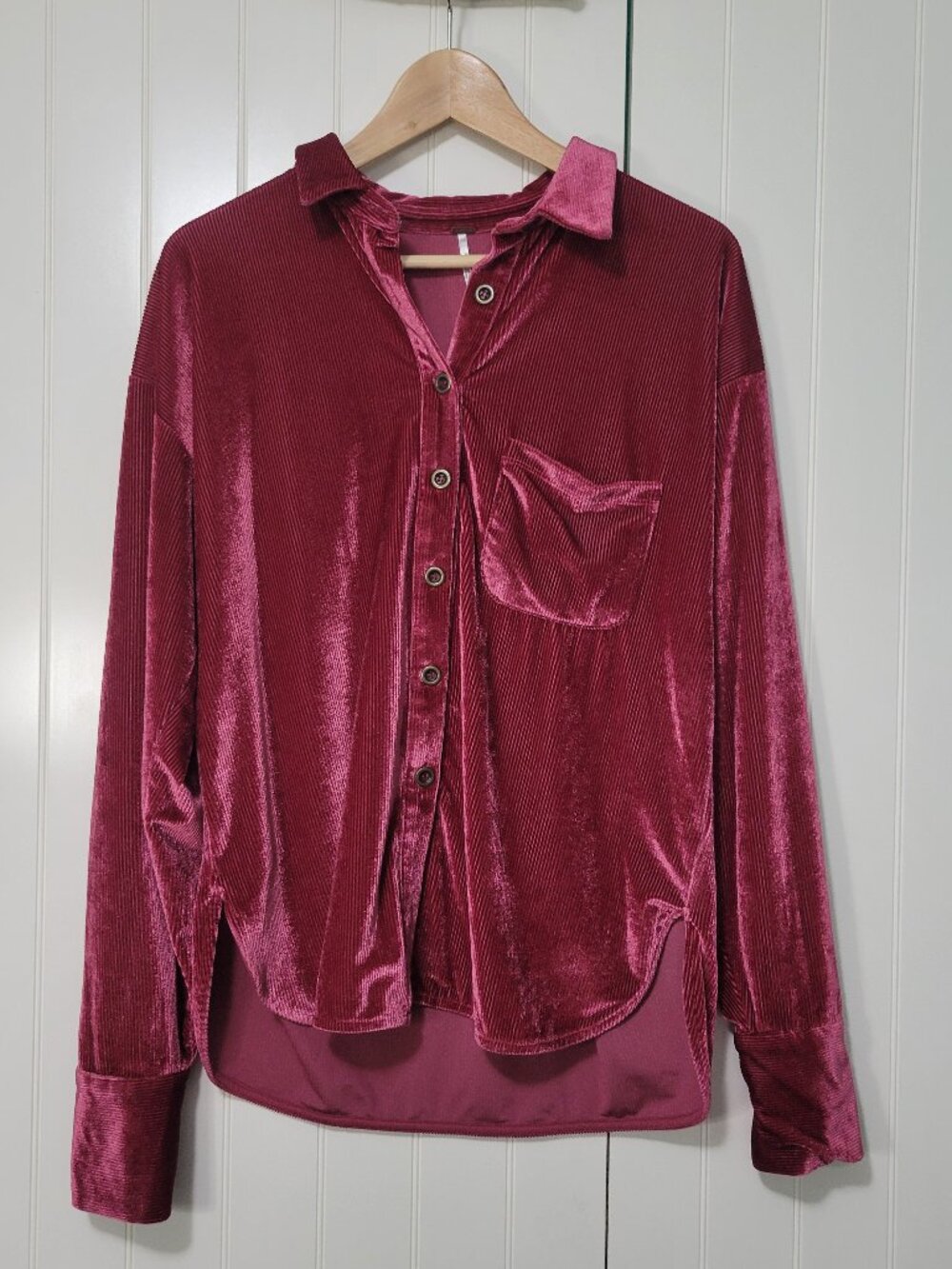 Free People Kit Kat Boho Velvet Ribbed Collared Oversized Button Down Berry Red